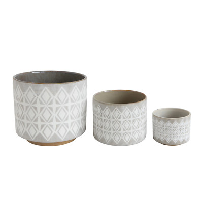 Creative Co-Op Various round Stoneware Planters with Geometric Patterns Set of 3-image