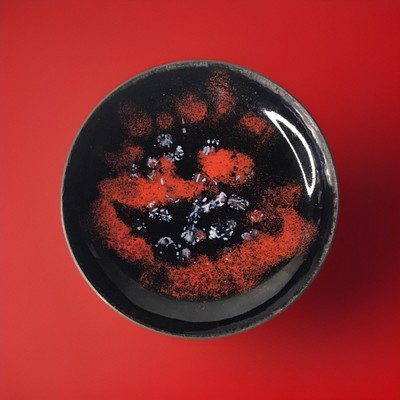 Vintage Enameled Multicolored Copper Mid Century 3” Trinket Dish Black Orange-image