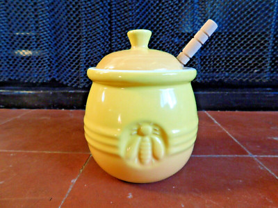 Two Tone Yellow-Gold Creative Co-op Honey Pot w/Wooden Dipper Lid~ Bee Design-image