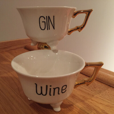 Creative co-op Humorous 3 Footed Gold Handled 8 oz Mug Cup Gin & Wine Set ~ NWOB-image