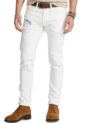 POLO RALPH LAUREN Sullivan Slim Fit Distress Contrasting Patches White Jeans NWT-image