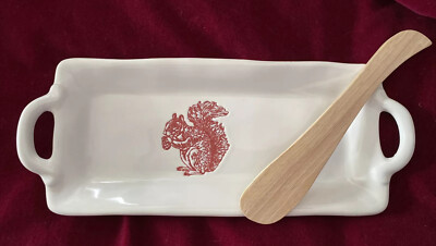 Creative Co-op White Ceramic Tray With Squirrel And Wooden Spreader, EUC-image