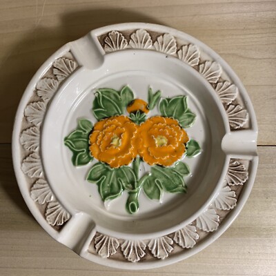 Vintage Cigar Ashtray Round Orange Floral Mid Century Modern Made In Japan-image