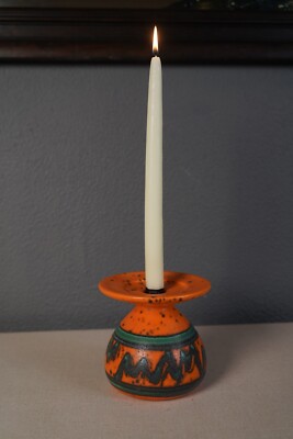 Mid Century Modern Red Orange Lava Drip Glaze Candle Holder -image