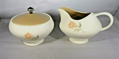 Vintage Edwin Knowles Creamer & Sugar Serenade Peach Orange Roses Taupe Leaves-image