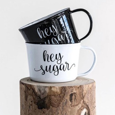 Creative Co-Op Black & White Enamel ‘Hey Sugar’ Coffee Cups, Set of 2-image