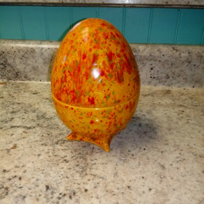 MCM Retro Ceramic Egg Trinket Dish With Lid Orange Glaze mid century funky cool!-image