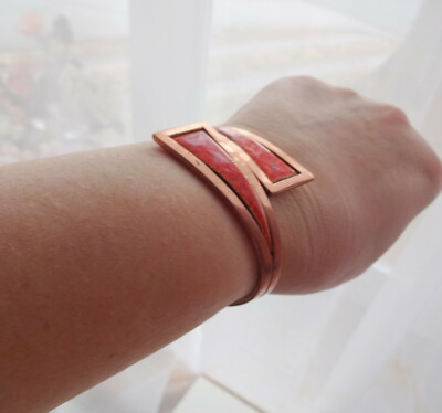 Vtg Mid Century Matisse Renoir Copper Spattered Orange Enamel Clamper Bracelet-image