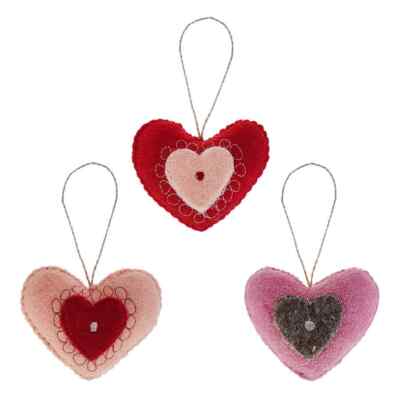 Red & Pink Wool Felt Heart Ornaments Set/3-image