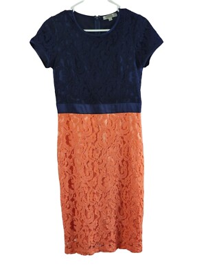 Downeast Navy Orange Lace Cap Sleeve Sheath Dress Satin Waistband-image
