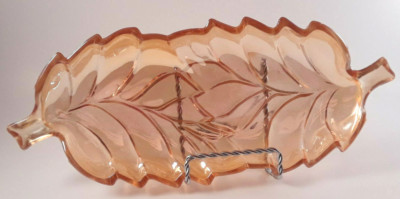 Vintage Jeannette Marigold Iridescent Floragold Glass Double Leaf Candy Nut Dish-image