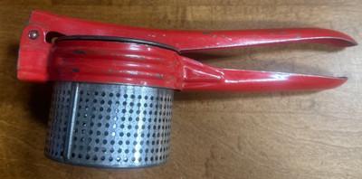 Vintage Metal Potato Ricer Masher Strainer Orange Red Mid Century Rustic Decor-image