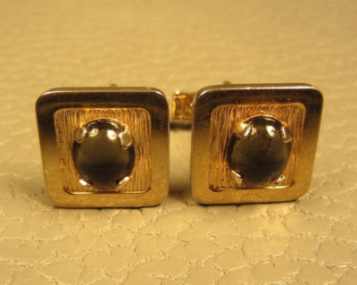 Vintage Mid Century Modern Prong Set Glass Yellow Gold Plated Cuff Links-image