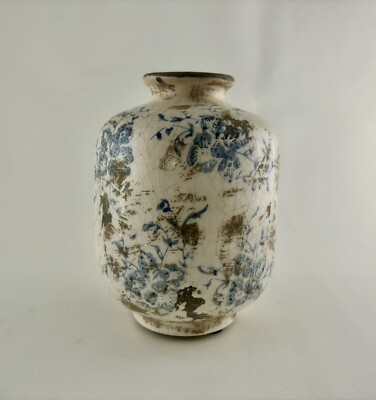Creative Co-Op Terracotta Bud Vase in Distressed Blue & White Glaze 5.75”-image