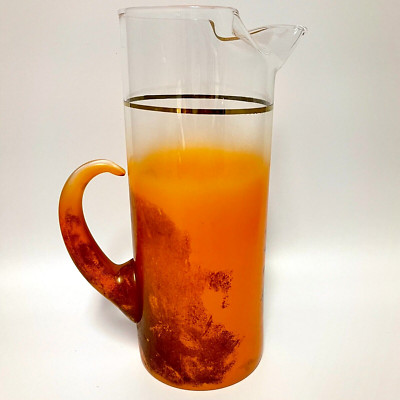 Mid Century Modern Blendo Glass Frosted Orange & Gold Pitcher Barware-image