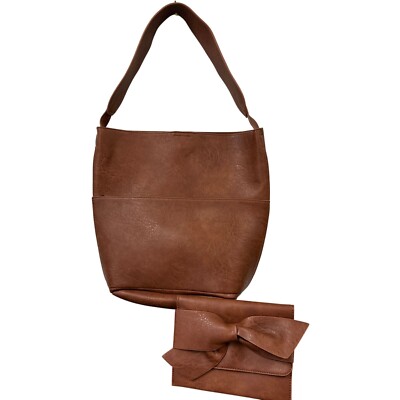 Anthropologie Joss Faux Leather Bucket Tote w/ Mini Bow Clutch Pouch Purse-image