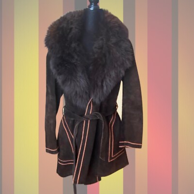 Vintage Mid Century 1970s Suede Leather Fur Collar Cuffs Longer Coat Orange -image