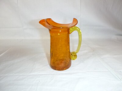 Vtg Mid Century Rainbow Glass Crackle Glass Mini Pitcher Orange 5