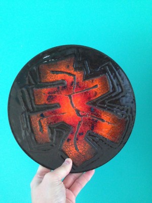 DUTCH MID CENTURY RICHARD BRAUN ORANGE ABSTRACT ENAMEL DISH BOWL IJMUIDEN STEEL-image