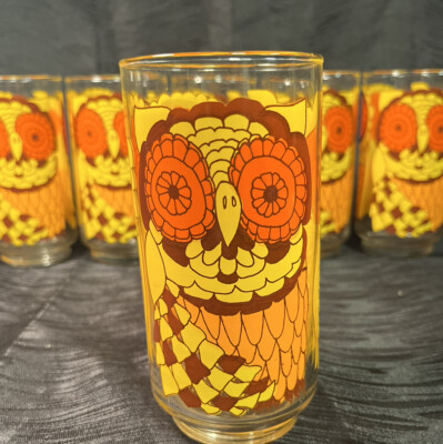 6 MCM Mid Century Owls Orange Yellow Highball Iced Tea Glass Tumblers Set Groovy-image