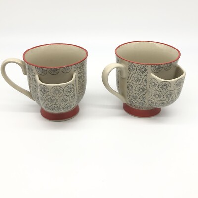 Pair of Creative Co-Op Mugs With Tea Bag Holder Cream Red Orange Gray Tea Time-image
