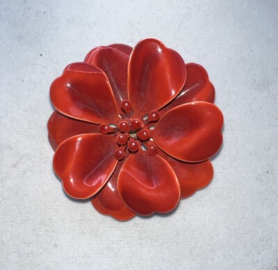 Flower Brooch Pin Mid Century MCM Orange Enamel  Petals Pop Art Vintage C951-image