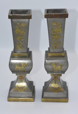 Chinese Pewter & Brass Temple Alter Candlesticks Joss Stick Holder Garniture-image