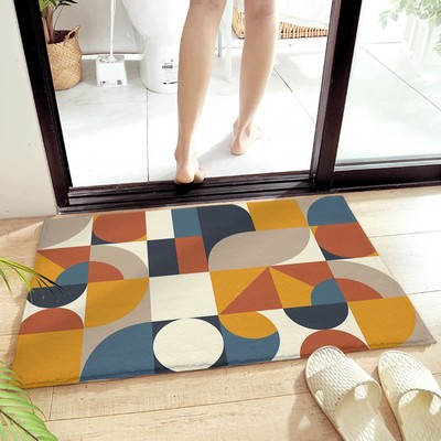 Bathroom Rugs Door Mat Mid Century Orange Brown Beige Blue Abstract Retro Geo...-image