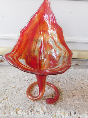 VINTAGE MID CENTURY BEAUTIFUL ORANGE SWIRL ART GLASS JACK IN PULPIT VASE-image