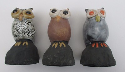 V2 lot of 3 handmade OWL FIGURINE creative coop speckle brown gray pottery-image