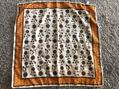 1960's Retro Mid Century Orange Floral Italian Polyester Neck Scarf 22x23-image