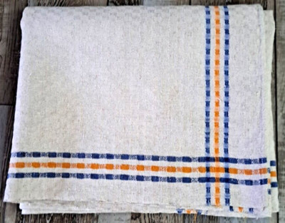 Vintage Woven Tablecloth Blue Orange Stripes Mid Century Granny Country 46x55-image
