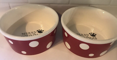 Creative co-op Lot of  2 DOG OR CAT PET BOWLS Merry CHRISTMAS 6 3/4