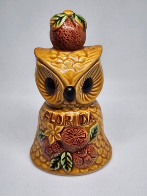 Giftcraft Florida Owl Bell Japan VTG Ceramic Souvenir Orange Fruit Mid Century-image