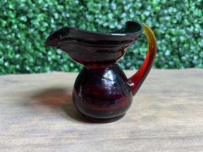 Amberina Crackle Glass Miniature Pitcher Orange Yellow 3” EUC-image
