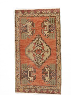 Vintage Orange Turkish Yastik Hand Woven Wool Rug 1'10 X 3'3 E24305-image