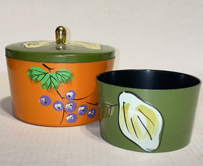 Vintage S&S Lacquer Ware Lidded Nesting Bowls Orange Green Hand Painted Fruit-image
