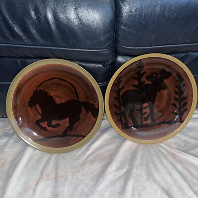 Mesa Stoneware Set Of 2 11” Dinner Plates Horse Moose Wildlife Animals Brown -image