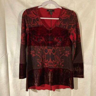 STYLE & CO red black floral scroll artsy knit velvet long sleeve top XS-image