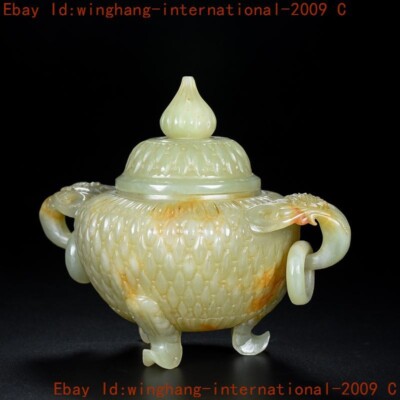 China Chinese hetian Jade carved Han dynasty joss Incense burner Censer statue-image