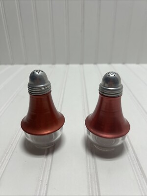 Mid Century Modern Red Rust Orange Glass Aluminum Salt And Pepper Shakers-image