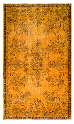 4x6.8 Ft Mid-Century Wool Accent Rug Re-Dyed in Orange, Handknotted in Turkey-image