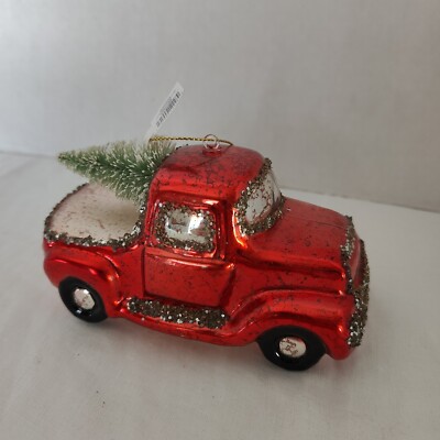 Creative CO-OP Glass Red Pickup Truck & Sisal Tree Christmas Ornament NWT-image