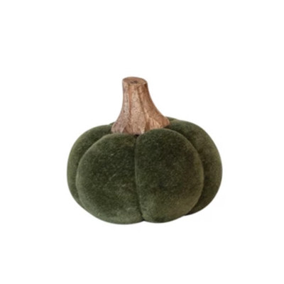 Creative Co-op Small Velvet Green Cotton Pumpkin with Wood Stem Figurine-image