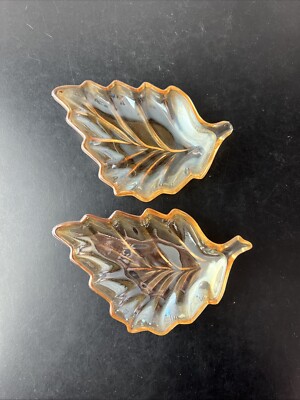 Marigold Carnival Glass Leaf Shape Trinket Dish-image