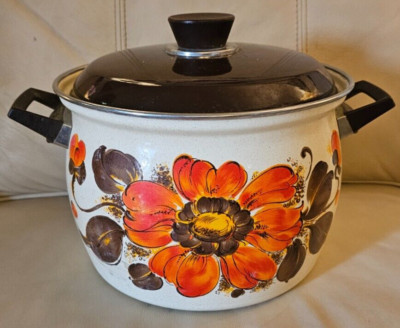 Vintage Mid Century Enamel Orange Brown Lidded Stockpot Moneta 22 Italy 9 Quart-image