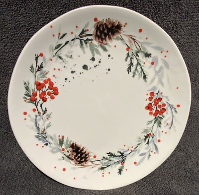 Creative Co-Op 8” Round Stoneware Plates with Pinecones & Berries Set of Two-image