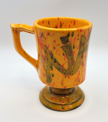 Vintage Mid Century Orange Glazed Hand Thrown Splatter Spatter Mug Cup 1968-image