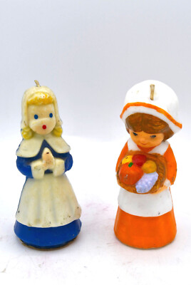 Vintage Gurley Wax Candle Blue Pilgrim Girl Orange Thanksgiving Autumn Lot of 2-image