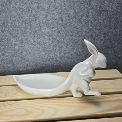 White Stoneware Rabbit Pulling Leaf Shaped Dish Creative CoOp Bunny Trinket Dish-image